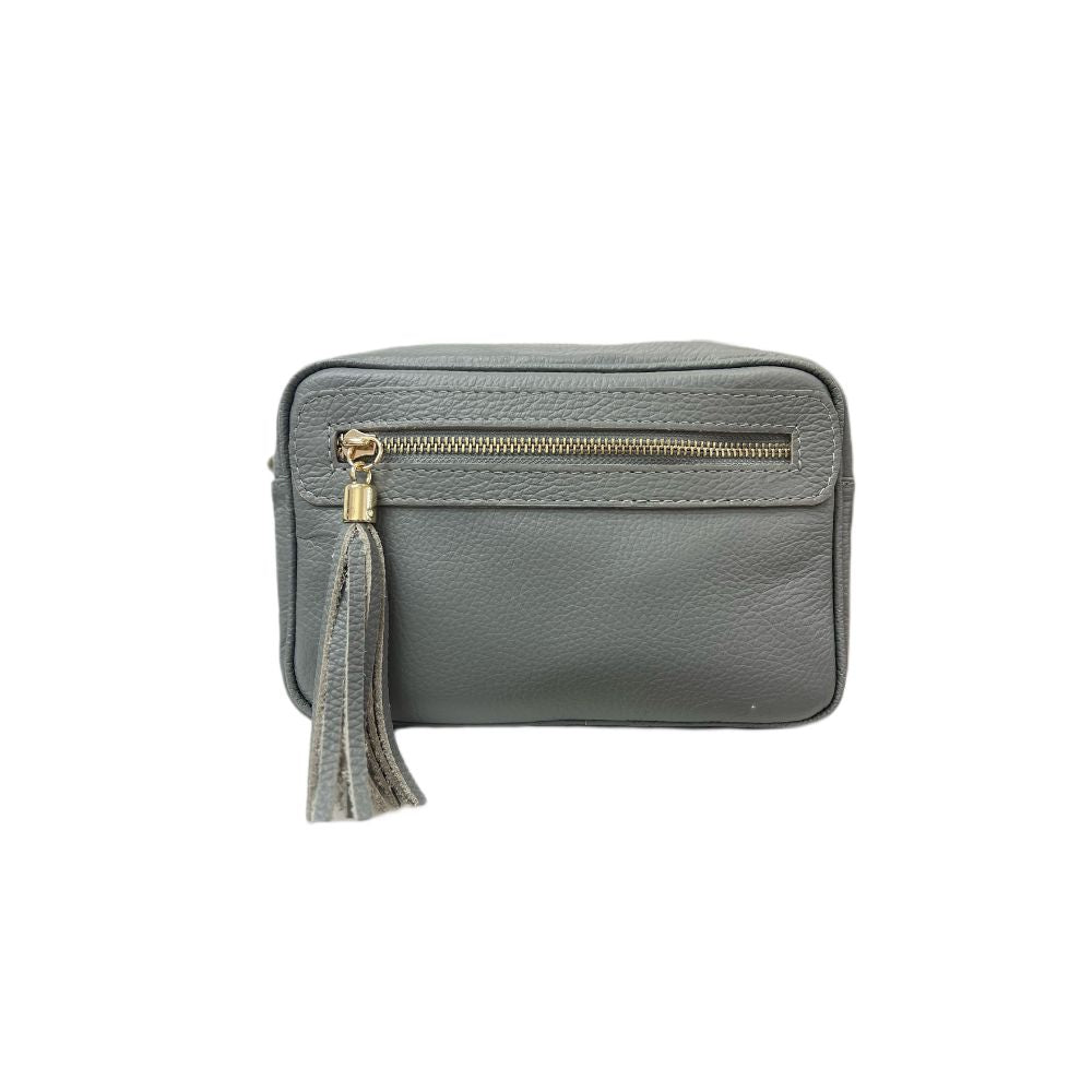 Tassel Italian Leather Handbag With Zip Ash Grey