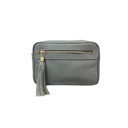 Tassel Italian Leather Handbag With Zip Ash Grey