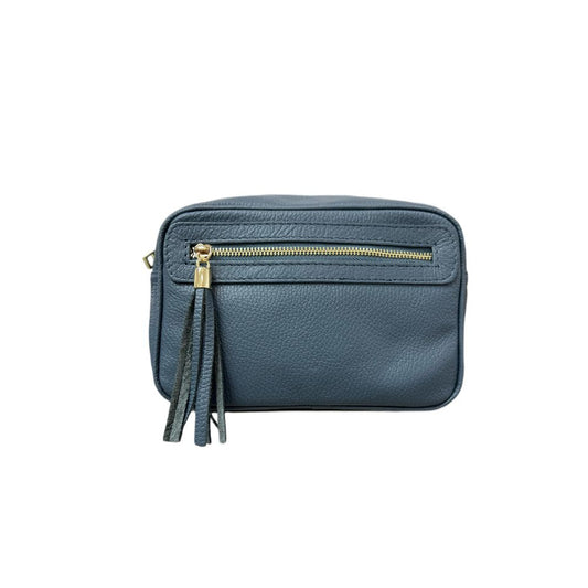 Denim Blue Italian Leather Handbag With Zip